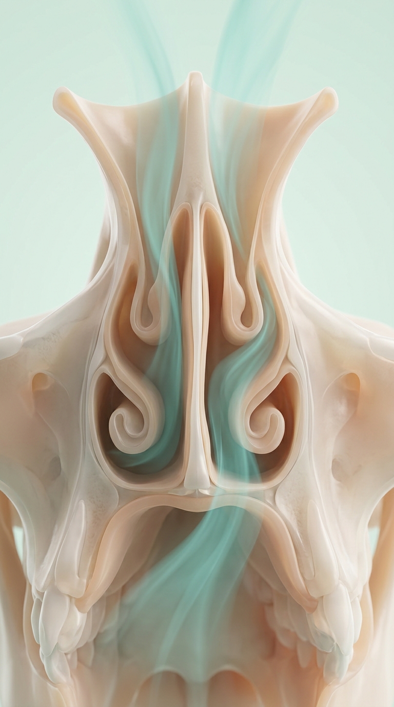 Ilustração tridimensional da anatomia nasal e do fluxo de ar